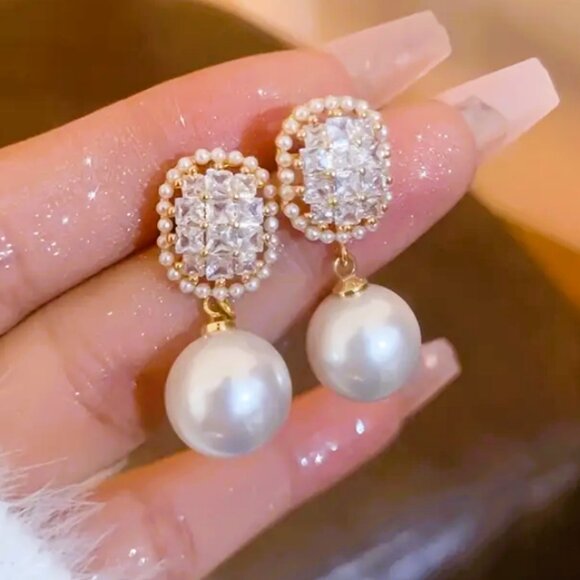 14K Gold Womens 2ct Diamond Hanging White Pearl Drop Earrings 14K Silver Jewelry
